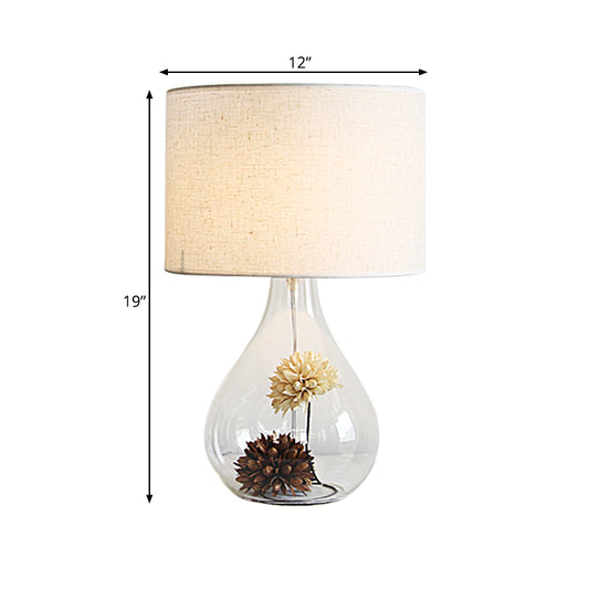 White Drum Night Light Pastoral Fabric 1-Light Cafe Table Lamp with Vase Clear Glass Base and Dried Flower Clearhalo 'Lamps' 'Table Lamps' Lighting' 1460994