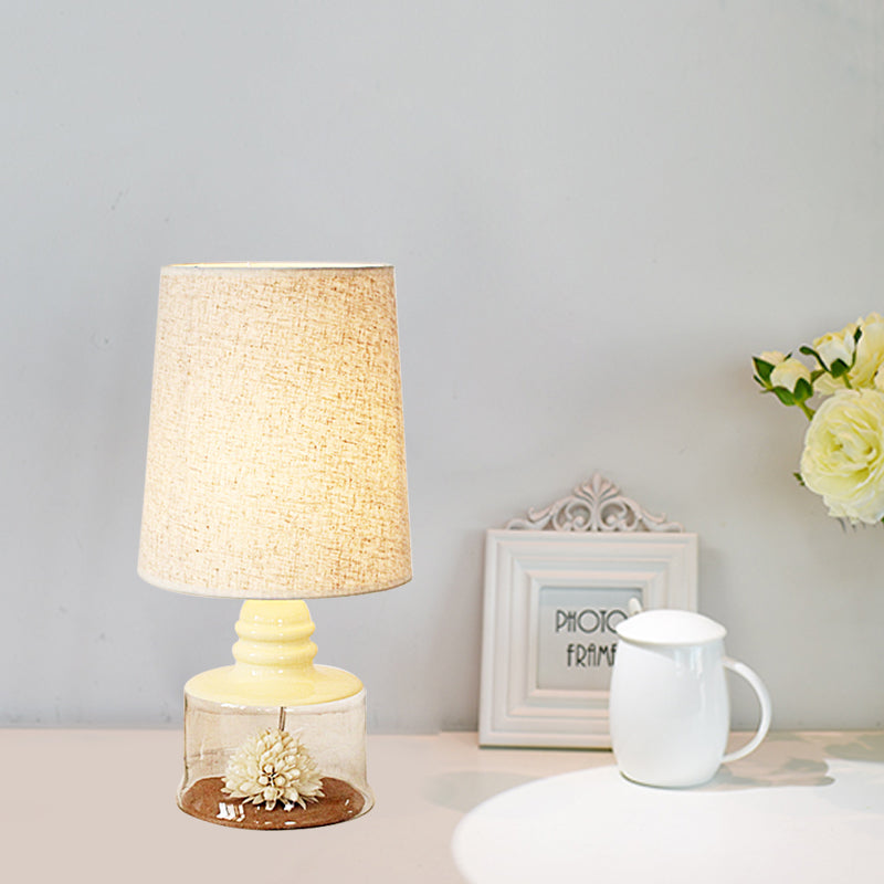 Pastoral Bucket Table Lamp 1-Bulb Fabric Night Light in Clear/Blue/Black with Dried Flower and Glass Base Clearhalo 'Lamps' 'Table Lamps' Lighting' 1461001