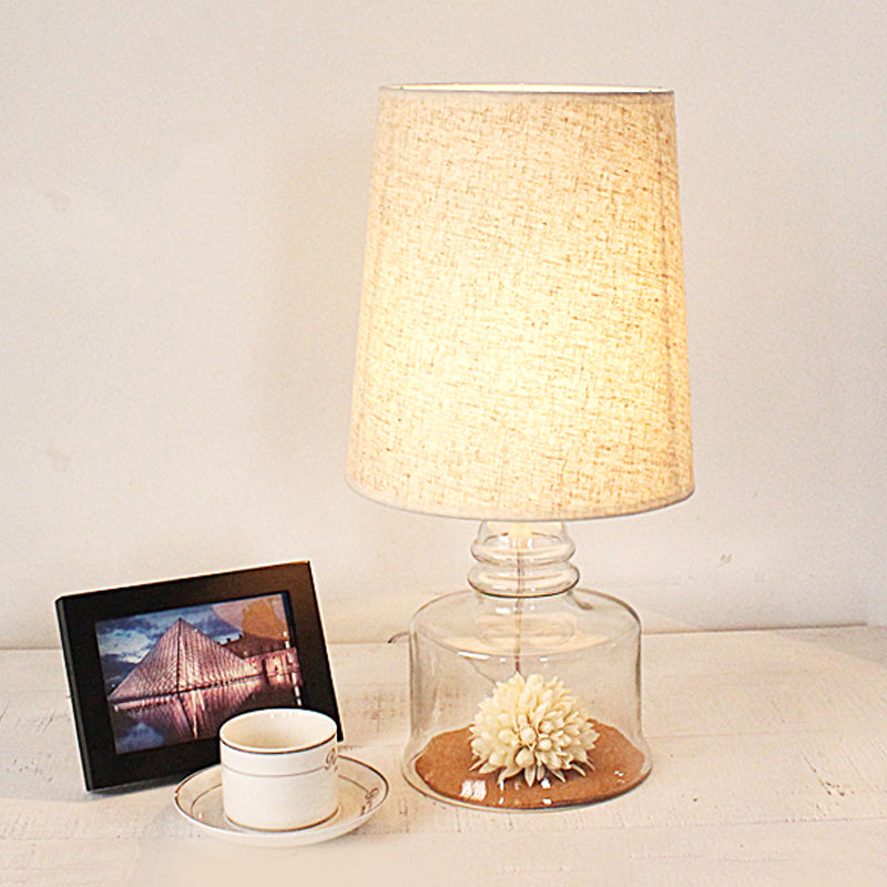 Pastoral Bucket Table Lamp 1-Bulb Fabric Night Light in Clear/Blue/Black with Dried Flower and Glass Base Clear Clearhalo 'Lamps' 'Table Lamps' Lighting' 1461008