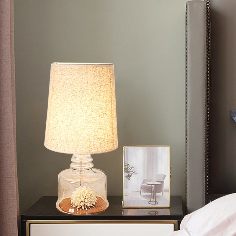 Pastoral Bucket Table Lamp 1-Bulb Fabric Night Light in Clear/Blue/Black with Dried Flower and Glass Base Clearhalo 'Lamps' 'Table Lamps' Lighting' 1461009