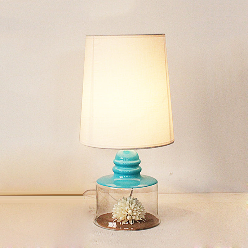 Barrel Restaurant Table Lighting Pastoral Fabric 1-Head Clear/Blue/Black Desk Light with Dried Flower and Glass Base Clearhalo 'Lamps' 'Table Lamps' Lighting' 1461015