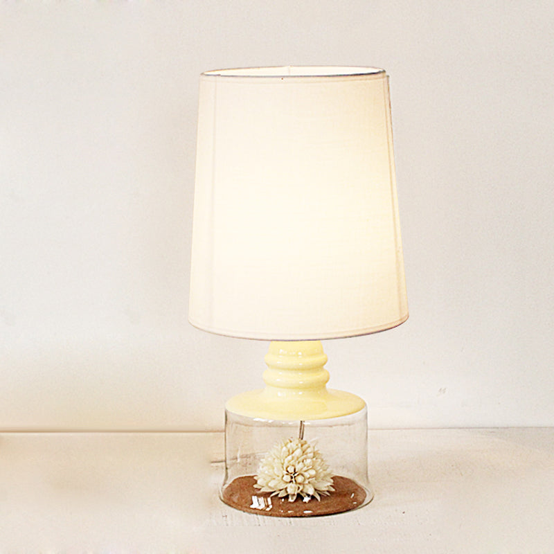 Barrel Restaurant Table Lighting Pastoral Fabric 1-Head Clear/Blue/Black Desk Light with Dried Flower and Glass Base Clearhalo 'Lamps' 'Table Lamps' Lighting' 1461020