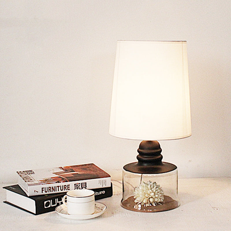 Barrel Restaurant Table Lighting Pastoral Fabric 1-Head Clear/Blue/Black Desk Light with Dried Flower and Glass Base Black Clearhalo 'Lamps' 'Table Lamps' Lighting' 1461021