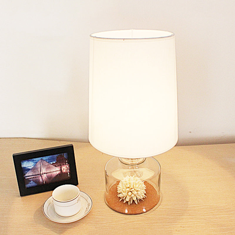 Barrel Restaurant Table Lighting Pastoral Fabric 1-Head Clear/Blue/Black Desk Light with Dried Flower and Glass Base Clear Clearhalo 'Lamps' 'Table Lamps' Lighting' 1461025