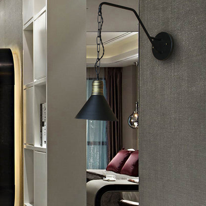 Black Conical Wall Lighting Industrial Retro Iron 1 Light Dining Room Sconce Light Fixture with Chain Black Clearhalo 'Art deco wall lights' 'Cast Iron' 'Glass' 'Industrial wall lights' 'Industrial' 'Middle century wall lights' 'Modern' 'Rustic wall lights' 'Tiffany' 'Traditional wall lights' 'Wall Lamps & Sconces' 'Wall Lights' Lighting' 146111