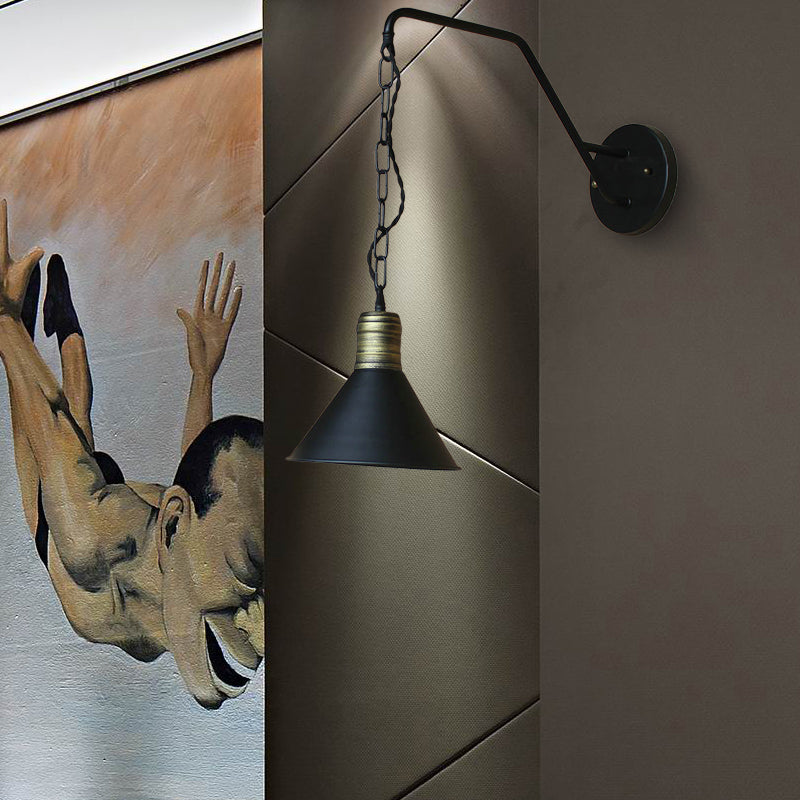 Black Conical Wall Lighting Industrial Retro Iron 1 Light Dining Room Sconce Light Fixture with Chain Clearhalo 'Art deco wall lights' 'Cast Iron' 'Glass' 'Industrial wall lights' 'Industrial' 'Middle century wall lights' 'Modern' 'Rustic wall lights' 'Tiffany' 'Traditional wall lights' 'Wall Lamps & Sconces' 'Wall Lights' Lighting' 146112