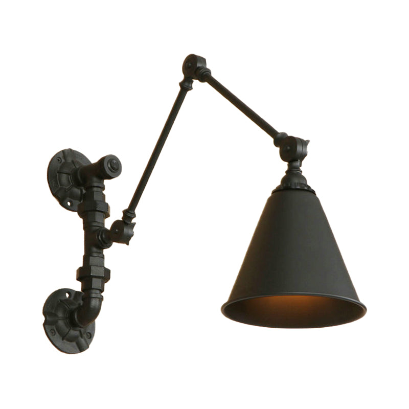 1 Bulb Swing Arm Wall Sconce Lighting Industrial Black Metal Wall Mount Light with Cone Shade Clearhalo 'Art deco wall lights' 'Cast Iron' 'Glass' 'Industrial wall lights' 'Industrial' 'Middle century wall lights' 'Modern' 'Rustic wall lights' 'Tiffany' 'Traditional wall lights' 'Wall Lamps & Sconces' 'Wall Lights' Lighting' 146150