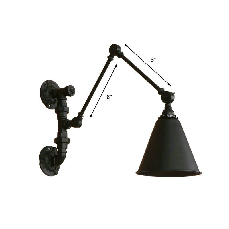 1 Bulb Swing Arm Wall Sconce Lighting Industrial Black Metal Wall Mount Light with Cone Shade Clearhalo 'Art deco wall lights' 'Cast Iron' 'Glass' 'Industrial wall lights' 'Industrial' 'Middle century wall lights' 'Modern' 'Rustic wall lights' 'Tiffany' 'Traditional wall lights' 'Wall Lamps & Sconces' 'Wall Lights' Lighting' 146152