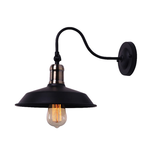 Farmhouse Barn Wall Mount Light 1 Bulb Metallic Wall Lighting with Gooseneck Arm in Black for Balcony Clearhalo 'Cast Iron' 'Glass' 'Industrial' 'Modern wall lights' 'Modern' 'Tiffany' 'Traditional wall lights' 'Wall Lamps & Sconces' 'Wall Lights' Lighting' 146175