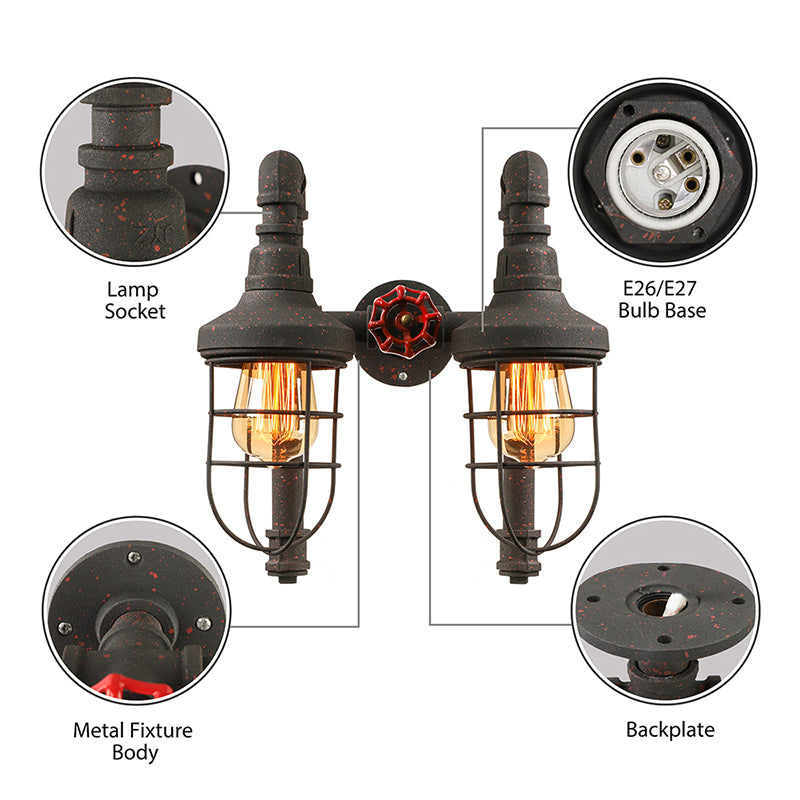 Black/Bronze Tubed Wall Light Fixture Industrial Metallic 2 Lights Kitchen Sconce Lighting with Cage Shade and Red Valve Clearhalo 'Art deco wall lights' 'Cast Iron' 'Glass' 'Industrial wall lights' 'Industrial' 'Middle century wall lights' 'Modern' 'Rustic wall lights' 'Tiffany' 'Traditional wall lights' 'Wall Lamps & Sconces' 'Wall Lights' Lighting' 146186