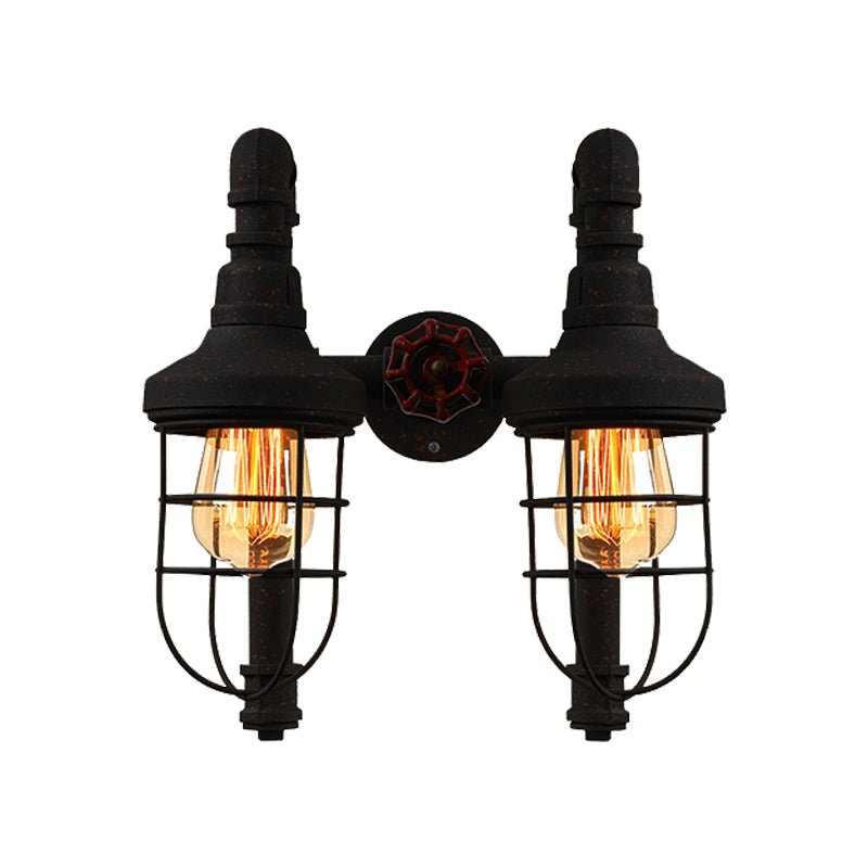 Black/Bronze Tubed Wall Light Fixture Industrial Metallic 2 Lights Kitchen Sconce Lighting with Cage Shade and Red Valve Clearhalo 'Art deco wall lights' 'Cast Iron' 'Glass' 'Industrial wall lights' 'Industrial' 'Middle century wall lights' 'Modern' 'Rustic wall lights' 'Tiffany' 'Traditional wall lights' 'Wall Lamps & Sconces' 'Wall Lights' Lighting' 146189