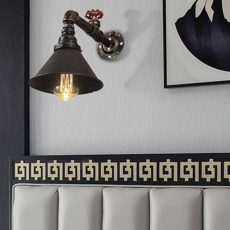 Aged Brass 1 Bulb Wall Lamp Sconce Antique Style Metal Cone Shade Wall Lighting Fixture with Valve Decoration Antique Brass Clearhalo 'Art deco wall lights' 'Cast Iron' 'Glass' 'Industrial wall lights' 'Industrial' 'Middle century wall lights' 'Modern' 'Rustic wall lights' 'Tiffany' 'Traditional wall lights' 'Wall Lamps & Sconces' 'Wall Lights' Lighting' 146288