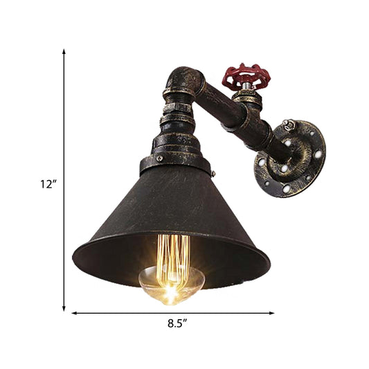Aged Brass 1 Bulb Wall Lamp Sconce Antique Style Metal Cone Shade Wall Lighting Fixture with Valve Decoration Clearhalo 'Art deco wall lights' 'Cast Iron' 'Glass' 'Industrial wall lights' 'Industrial' 'Middle century wall lights' 'Modern' 'Rustic wall lights' 'Tiffany' 'Traditional wall lights' 'Wall Lamps & Sconces' 'Wall Lights' Lighting' 146291