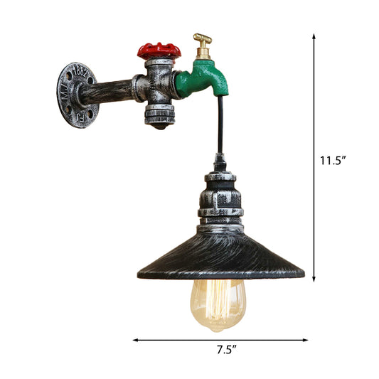 Steampunk Faucet Sconce Lighting Fixture with Conic Shade 1 Bulb Wrought Iron Wall Light in Aged Silver Clearhalo 'Art deco wall lights' 'Cast Iron' 'Glass' 'Industrial wall lights' 'Industrial' 'Middle century wall lights' 'Modern' 'Rustic wall lights' 'Tiffany' 'Traditional wall lights' 'Wall Lamps & Sconces' 'Wall Lights' Lighting' 146353
