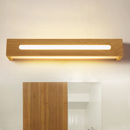 Rectangular LED Wall Sconce Minimalist Wooden 14"/18"/21.5" Wide 1 Light Bath Vanity Light with Diffuser in Warm/White Light Wood Clearhalo 'Vanity Lights' 'Wall Lights' Lighting' 146417