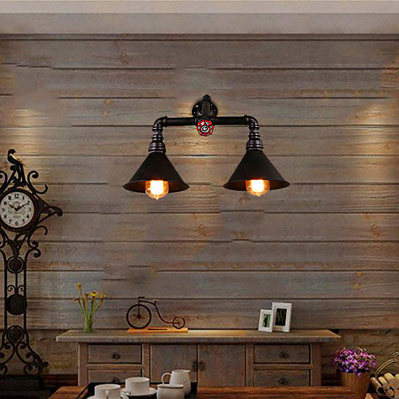 Vintage Style Cone Wall Lamp with Water Pipe 2 Lights Metallic Wall Sconce Light in Black, 14.5/18.5" Width Black 18.5" Clearhalo 'Art deco wall lights' 'Cast Iron' 'Glass' 'Industrial wall lights' 'Industrial' 'Middle century wall lights' 'Modern' 'Rustic wall lights' 'Tiffany' 'Traditional wall lights' 'Wall Lamps & Sconces' 'Wall Lights' Lighting' 146435