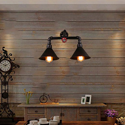 Vintage Style Cone Wall Lamp with Water Pipe 2 Lights Metallic Wall Sconce Light in Black, 14.5/18.5" Width Black 18.5" Clearhalo 'Art deco wall lights' 'Cast Iron' 'Glass' 'Industrial wall lights' 'Industrial' 'Middle century wall lights' 'Modern' 'Rustic wall lights' 'Tiffany' 'Traditional wall lights' 'Wall Lamps & Sconces' 'Wall Lights' Lighting' 146435