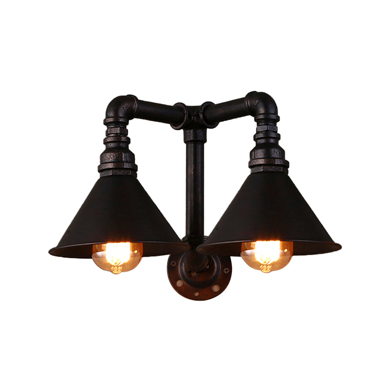 Vintage Style Cone Wall Lamp with Water Pipe 2 Lights Metallic Wall Sconce Light in Black, 14.5/18.5" Width Clearhalo 'Art deco wall lights' 'Cast Iron' 'Glass' 'Industrial wall lights' 'Industrial' 'Middle century wall lights' 'Modern' 'Rustic wall lights' 'Tiffany' 'Traditional wall lights' 'Wall Lamps & Sconces' 'Wall Lights' Lighting' 146436