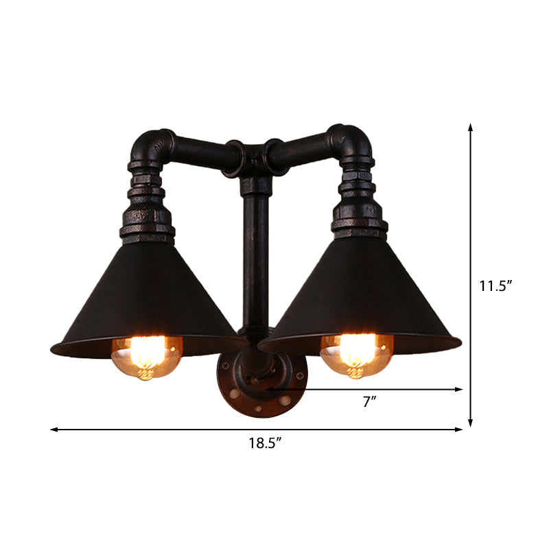 Vintage Style Cone Wall Lamp with Water Pipe 2 Lights Metallic Wall Sconce Light in Black, 14.5/18.5" Width Clearhalo 'Art deco wall lights' 'Cast Iron' 'Glass' 'Industrial wall lights' 'Industrial' 'Middle century wall lights' 'Modern' 'Rustic wall lights' 'Tiffany' 'Traditional wall lights' 'Wall Lamps & Sconces' 'Wall Lights' Lighting' 146437