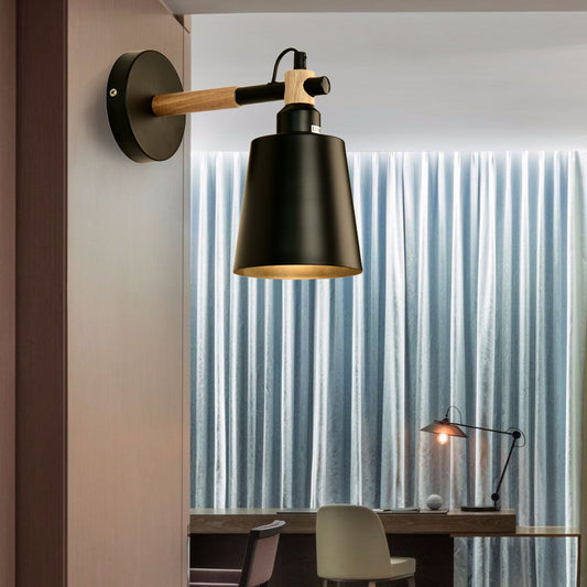 1 Light Cylindrical Wall Light Fixture Modernist Style Black Metallic Sconce Fixture with Wooden Joint for Bedroom Clearhalo 'Cast Iron' 'Glass' 'Industrial' 'Modern wall lights' 'Modern' 'Tiffany' 'Traditional wall lights' 'Wall Lamps & Sconces' 'Wall Lights' Lighting' 146440