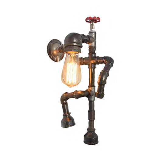 Bronze Finish Robot Sconce Light with Expose Bulb and Red Valve Vintage Metallic 1 Head Hallway Wall Lighting Clearhalo 'Art deco wall lights' 'Cast Iron' 'Glass' 'Industrial wall lights' 'Industrial' 'Middle century wall lights' 'Modern' 'Rustic wall lights' 'Tiffany' 'Traditional wall lights' 'Wall Lamps & Sconces' 'Wall Lights' Lighting' 146452
