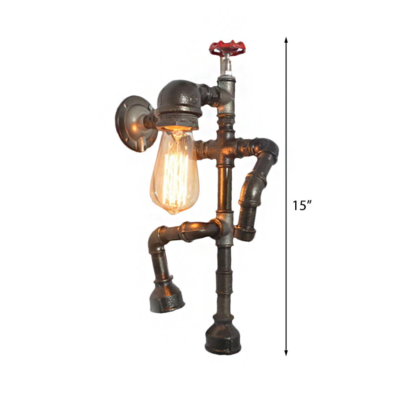 Bronze Finish Robot Sconce Light with Expose Bulb and Red Valve Vintage Metallic 1 Head Hallway Wall Lighting Clearhalo 'Art deco wall lights' 'Cast Iron' 'Glass' 'Industrial wall lights' 'Industrial' 'Middle century wall lights' 'Modern' 'Rustic wall lights' 'Tiffany' 'Traditional wall lights' 'Wall Lamps & Sconces' 'Wall Lights' Lighting' 146453