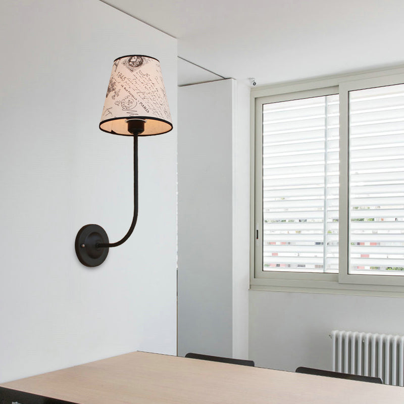 Vintage Conical Wall Lamp 1 Head Fabric and Metal Wall Mount Fixture with Curved Arm in White White Clearhalo 'Industrial wall lights' 'Industrial' 'Middle century wall lights' 'Rustic wall lights' 'Tiffany' 'Wall Lamps & Sconces' 'Wall Lights' Lighting' 146465