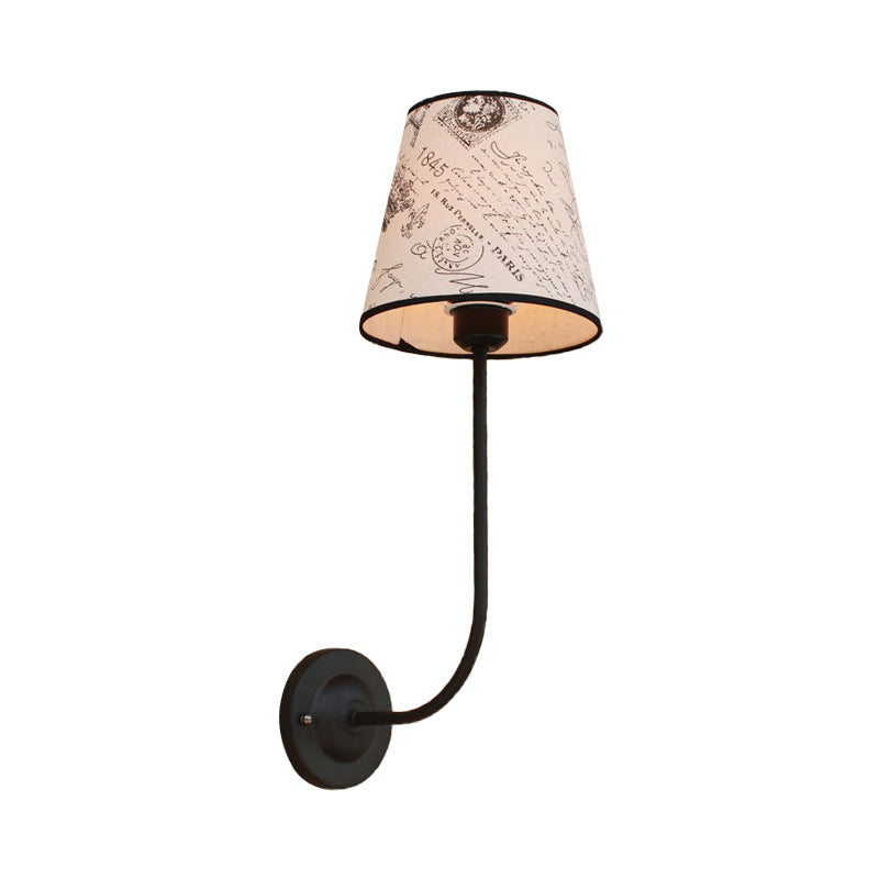 Vintage Conical Wall Lamp 1 Head Fabric and Metal Wall Mount Fixture with Curved Arm in White Clearhalo 'Industrial wall lights' 'Industrial' 'Middle century wall lights' 'Rustic wall lights' 'Tiffany' 'Wall Lamps & Sconces' 'Wall Lights' Lighting' 146467