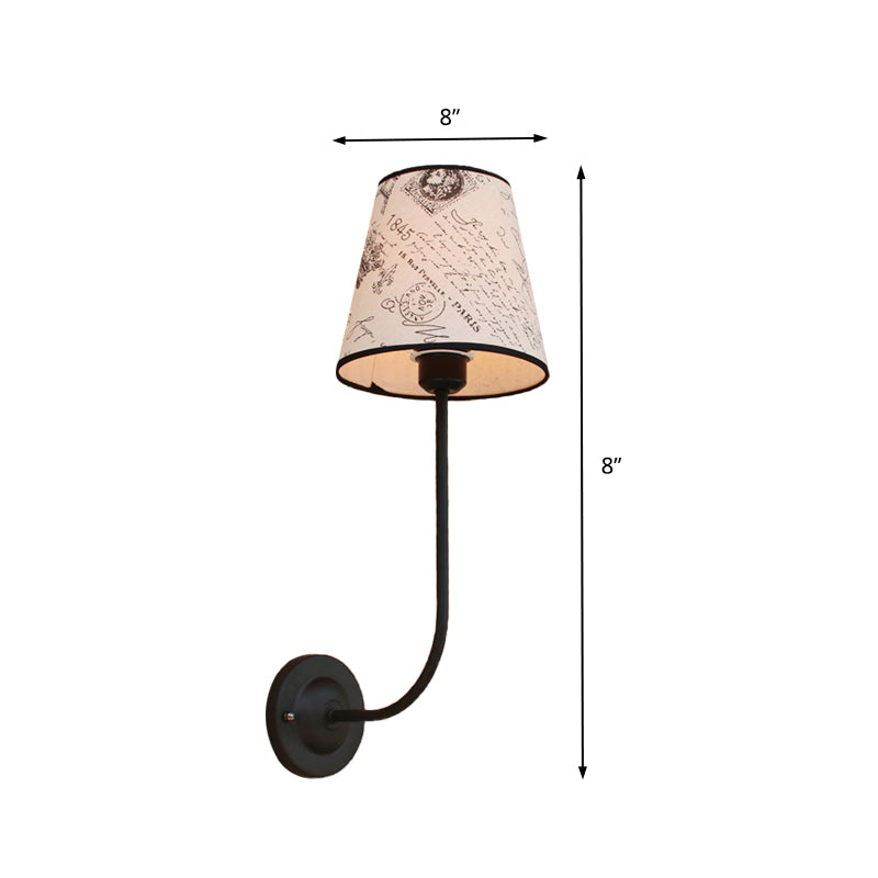 Vintage Conical Wall Lamp 1 Head Fabric and Metal Wall Mount Fixture with Curved Arm in White Clearhalo 'Industrial wall lights' 'Industrial' 'Middle century wall lights' 'Rustic wall lights' 'Tiffany' 'Wall Lamps & Sconces' 'Wall Lights' Lighting' 146468