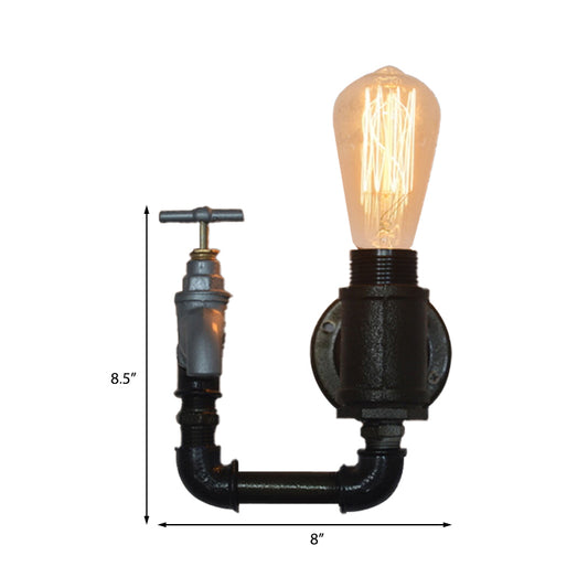 Black Water Pipe Wall Sconce Industrial Metal 1 Light Living Room Mini Wall Lighting with Gauge/Faucet Decoration Clearhalo 'Art deco wall lights' 'Cast Iron' 'Glass' 'Industrial wall lights' 'Industrial' 'Middle century wall lights' 'Modern' 'Rustic wall lights' 'Tiffany' 'Traditional wall lights' 'Wall Lamps & Sconces' 'Wall Lights' Lighting' 146484