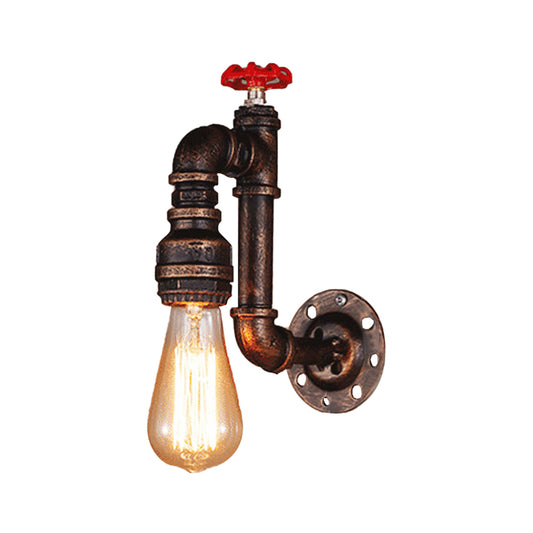 Rustic Style Piped Wall Sconce with Valve Wheel 1 Bulb Wrought Iron Wall Mounted Light in Bronze Clearhalo 'Art deco wall lights' 'Cast Iron' 'Glass' 'Industrial wall lights' 'Industrial' 'Middle century wall lights' 'Modern' 'Rustic wall lights' 'Tiffany' 'Traditional wall lights' 'Wall Lamps & Sconces' 'Wall Lights' Lighting' 146518