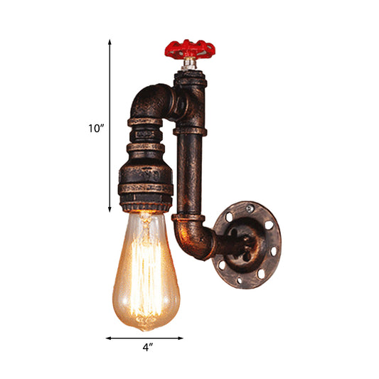 Rustic Style Piped Wall Sconce with Valve Wheel 1 Bulb Wrought Iron Wall Mounted Light in Bronze Clearhalo 'Art deco wall lights' 'Cast Iron' 'Glass' 'Industrial wall lights' 'Industrial' 'Middle century wall lights' 'Modern' 'Rustic wall lights' 'Tiffany' 'Traditional wall lights' 'Wall Lamps & Sconces' 'Wall Lights' Lighting' 146519