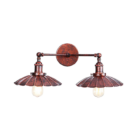 Antique Stylish Scalloped Edge Wall Lamp 2 Heads Metallic Wall Mounted Light in Brass/Rust for Bedroom Clearhalo 'Art deco wall lights' 'Cast Iron' 'Glass' 'Industrial wall lights' 'Industrial' 'Middle century wall lights' 'Modern' 'Rustic wall lights' 'Tiffany' 'Traditional wall lights' 'Wall Lamps & Sconces' 'Wall Lights' Lighting' 146543