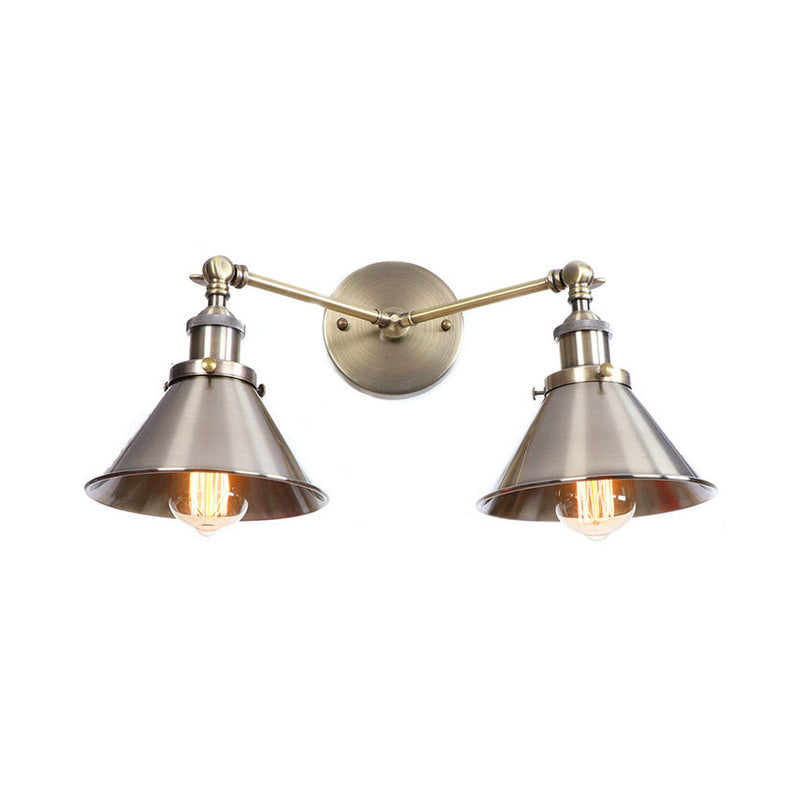 Tapered Shade Iron Wall Mount Fixture Industrial Vintage 2 Heads Farmhouse Wall Mount Light in Black/Brass Clearhalo 'Art deco wall lights' 'Cast Iron' 'Glass' 'Industrial wall lights' 'Industrial' 'Middle century wall lights' 'Modern' 'Rustic wall lights' 'Tiffany' 'Traditional wall lights' 'Wall Lamps & Sconces' 'Wall Lights' Lighting' 146577
