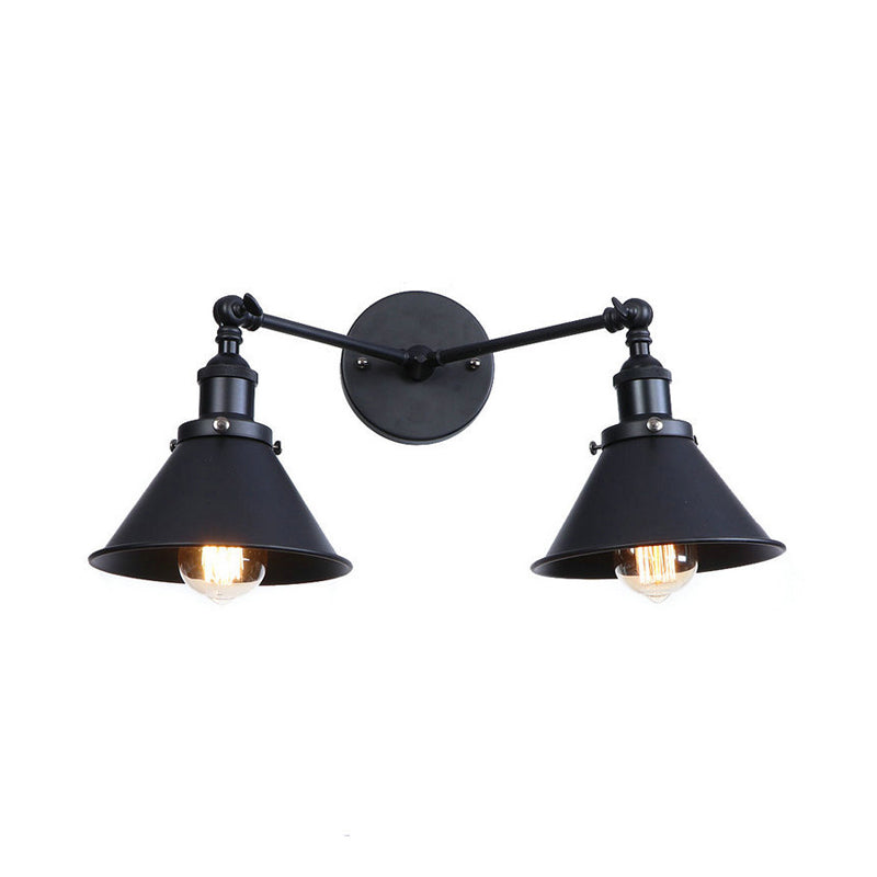 Tapered Shade Iron Wall Mount Fixture Industrial Vintage 2 Heads Farmhouse Wall Mount Light in Black/Brass Clearhalo 'Art deco wall lights' 'Cast Iron' 'Glass' 'Industrial wall lights' 'Industrial' 'Middle century wall lights' 'Modern' 'Rustic wall lights' 'Tiffany' 'Traditional wall lights' 'Wall Lamps & Sconces' 'Wall Lights' Lighting' 146580