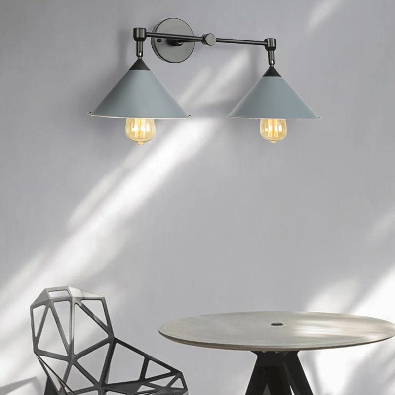 Industrial Vintage Cone Wall Lighting 2 Lights Metal Wall Lamp Sconce in Black/Grey for Restaurant Clearhalo 'Art deco wall lights' 'Cast Iron' 'Glass' 'Industrial wall lights' 'Industrial' 'Middle century wall lights' 'Modern' 'Rustic wall lights' 'Tiffany' 'Traditional wall lights' 'Wall Lamps & Sconces' 'Wall Lights' Lighting' 146598