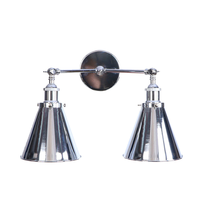 Polished Chrome Conic Wall Mount Fixture Retro Style Iron 2 Lights Dining Room Wall Mount Light Clearhalo 'Art deco wall lights' 'Cast Iron' 'Glass' 'Industrial wall lights' 'Industrial' 'Middle century wall lights' 'Modern' 'Rustic wall lights' 'Tiffany' 'Traditional wall lights' 'Wall Lamps & Sconces' 'Wall Lights' Lighting' 146606