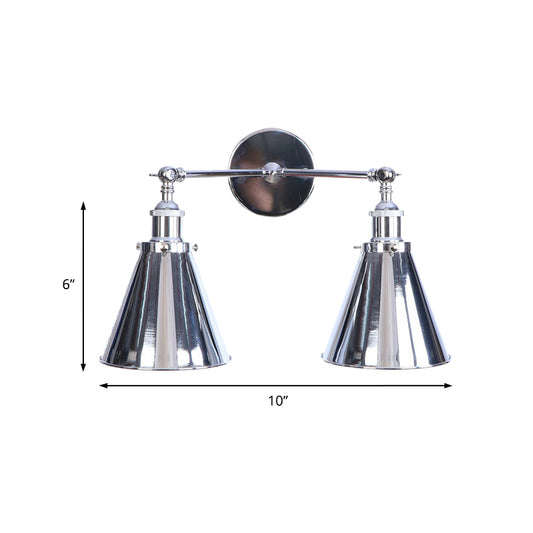 Polished Chrome Conic Wall Mount Fixture Retro Style Iron 2 Lights Dining Room Wall Mount Light Clearhalo 'Art deco wall lights' 'Cast Iron' 'Glass' 'Industrial wall lights' 'Industrial' 'Middle century wall lights' 'Modern' 'Rustic wall lights' 'Tiffany' 'Traditional wall lights' 'Wall Lamps & Sconces' 'Wall Lights' Lighting' 146607