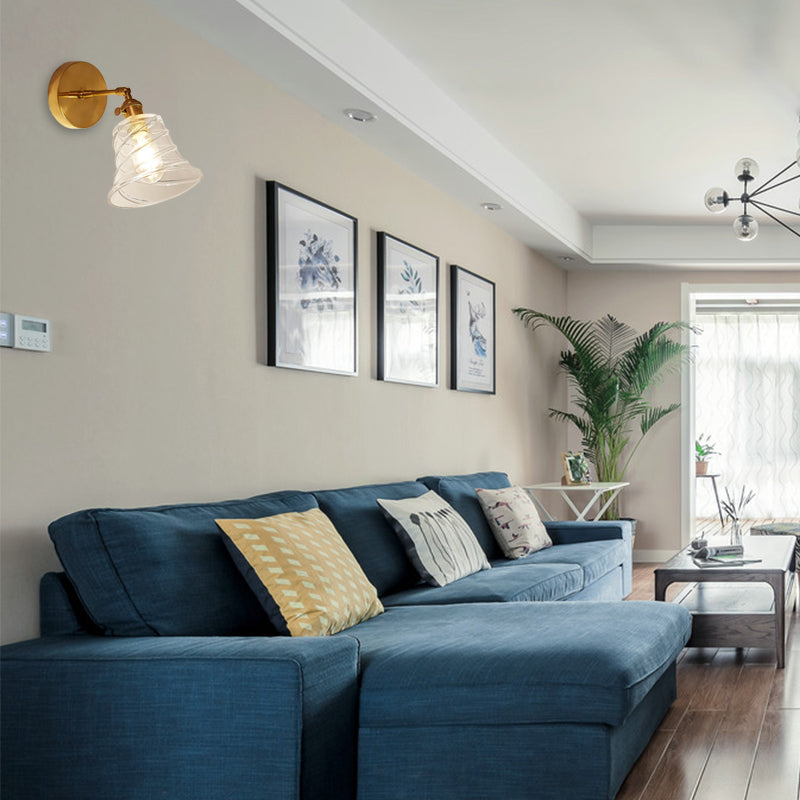 Flared Bedroom Wall Lighting Industrial Clear Swirl Glass 1 Light Brass Sconce Lamp Clear Clearhalo 'Cast Iron' 'Glass' 'Industrial' 'Modern wall lights' 'Modern' 'Tiffany' 'Traditional wall lights' 'Wall Lamps & Sconces' 'Wall Lights' Lighting' 146637
