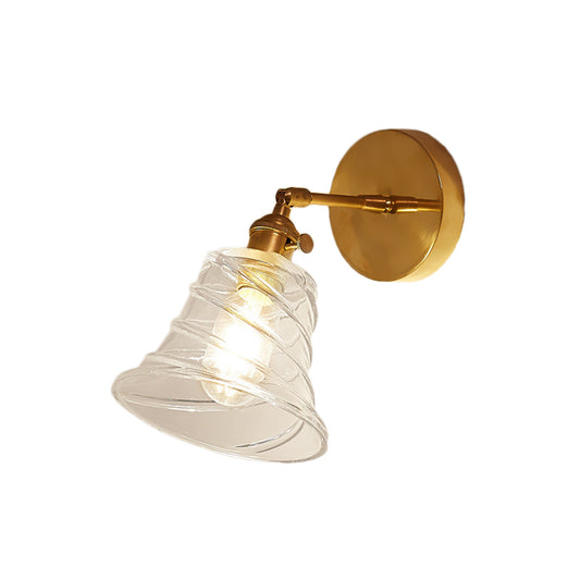 Flared Bedroom Wall Lighting Industrial Clear Swirl Glass 1 Light Brass Sconce Lamp Clearhalo 'Cast Iron' 'Glass' 'Industrial' 'Modern wall lights' 'Modern' 'Tiffany' 'Traditional wall lights' 'Wall Lamps & Sconces' 'Wall Lights' Lighting' 146639