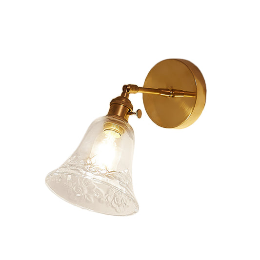 1 Light Clear Glass Wall Sconce Light Rustic Brass Bell Bedroom Lighting Fixture with Flower Clearhalo 'Cast Iron' 'Glass' 'Industrial wall lights' 'Industrial' 'Middle century wall lights' 'Modern' 'Tiffany' 'Traditional wall lights' 'Wall Lamps & Sconces' 'Wall Lights' Lighting' 146643