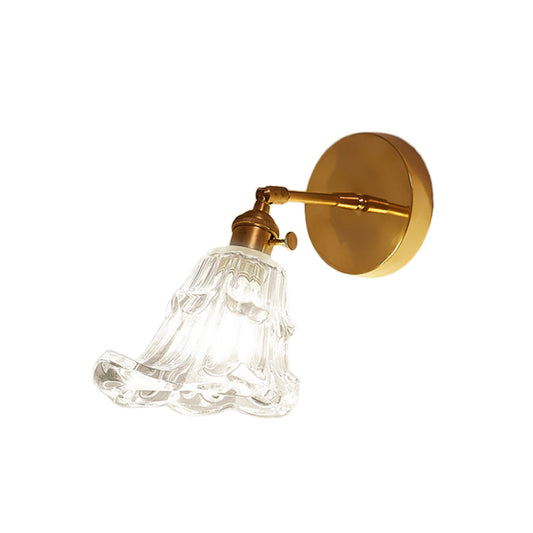 Clear Textured Glass Brass Sconce Light Art Deco 1-Light Industrial Wall Lamp Fixture Clearhalo 'Cast Iron' 'Glass' 'Industrial wall lights' 'Industrial' 'Middle century wall lights' 'Modern' 'Tiffany' 'Traditional wall lights' 'Wall Lamps & Sconces' 'Wall Lights' Lighting' 146651