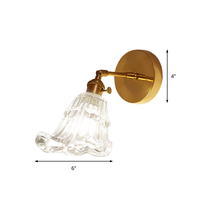 Clear Textured Glass Brass Sconce Light Art Deco 1-Light Industrial Wall Lamp Fixture Clearhalo 'Cast Iron' 'Glass' 'Industrial wall lights' 'Industrial' 'Middle century wall lights' 'Modern' 'Tiffany' 'Traditional wall lights' 'Wall Lamps & Sconces' 'Wall Lights' Lighting' 146652