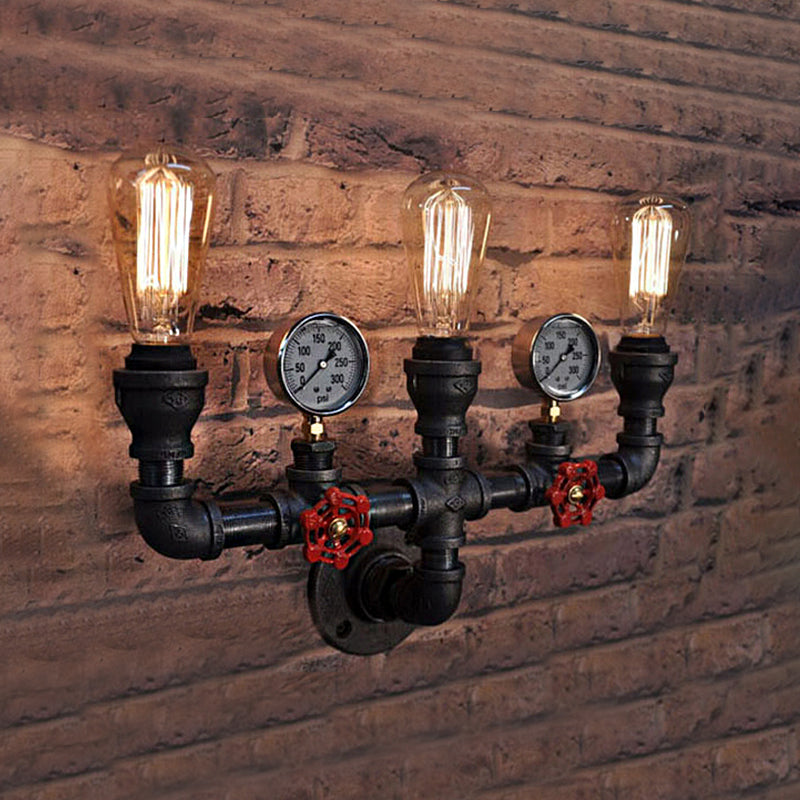 2/3 Lights Wall Mount Light with Pipe and Gauge Metal Steampunk Restaurant Wall Lighting in Black 3.0 Black Clearhalo 'Art deco wall lights' 'Cast Iron' 'Glass' 'Industrial wall lights' 'Industrial' 'Middle century wall lights' 'Modern' 'Rustic wall lights' 'Tiffany' 'Traditional wall lights' 'Wall Lamps & Sconces' 'Wall Lights' Lighting' 146664