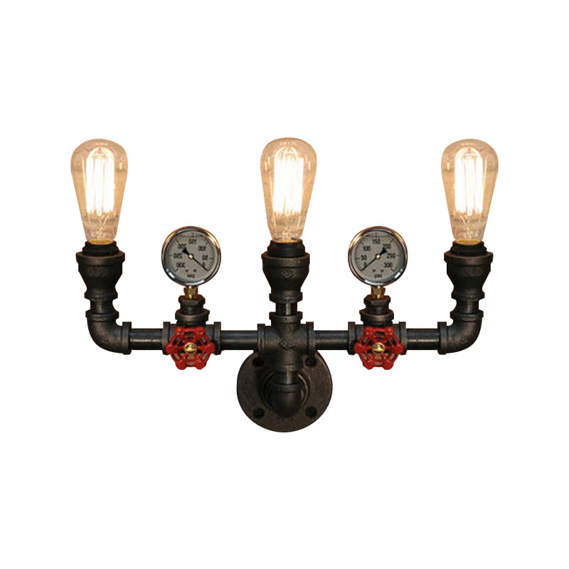 2/3 Lights Wall Mount Light with Pipe and Gauge Metal Steampunk Restaurant Wall Lighting in Black Clearhalo 'Art deco wall lights' 'Cast Iron' 'Glass' 'Industrial wall lights' 'Industrial' 'Middle century wall lights' 'Modern' 'Rustic wall lights' 'Tiffany' 'Traditional wall lights' 'Wall Lamps & Sconces' 'Wall Lights' Lighting' 146666