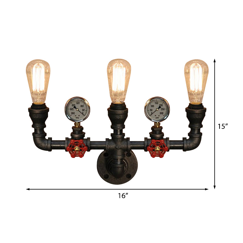 2/3 Lights Wall Mount Light with Pipe and Gauge Metal Steampunk Restaurant Wall Lighting in Black Clearhalo 'Art deco wall lights' 'Cast Iron' 'Glass' 'Industrial wall lights' 'Industrial' 'Middle century wall lights' 'Modern' 'Rustic wall lights' 'Tiffany' 'Traditional wall lights' 'Wall Lamps & Sconces' 'Wall Lights' Lighting' 146667