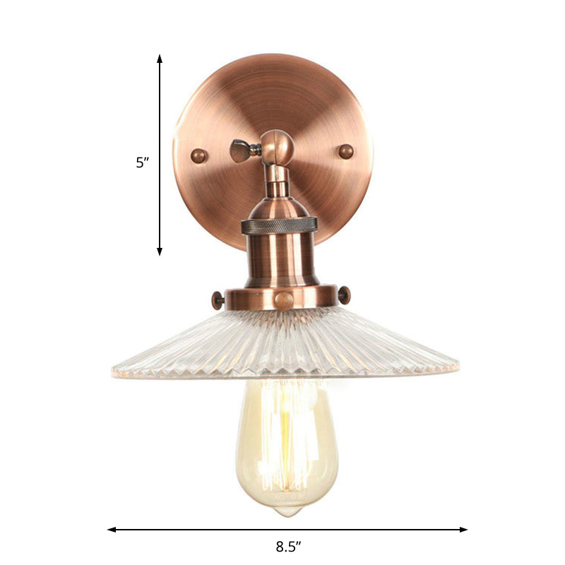Clear Prismatic Glass Copper Sconce Light Scalloped 1-Light Industrial Wall Lamp Fixture Clearhalo 'Art deco wall lights' 'Cast Iron' 'Glass' 'Industrial wall lights' 'Industrial' 'Middle century wall lights' 'Modern' 'Rustic wall lights' 'Tiffany' 'Traditional wall lights' 'Wall Lamps & Sconces' 'Wall Lights' Lighting' 146682