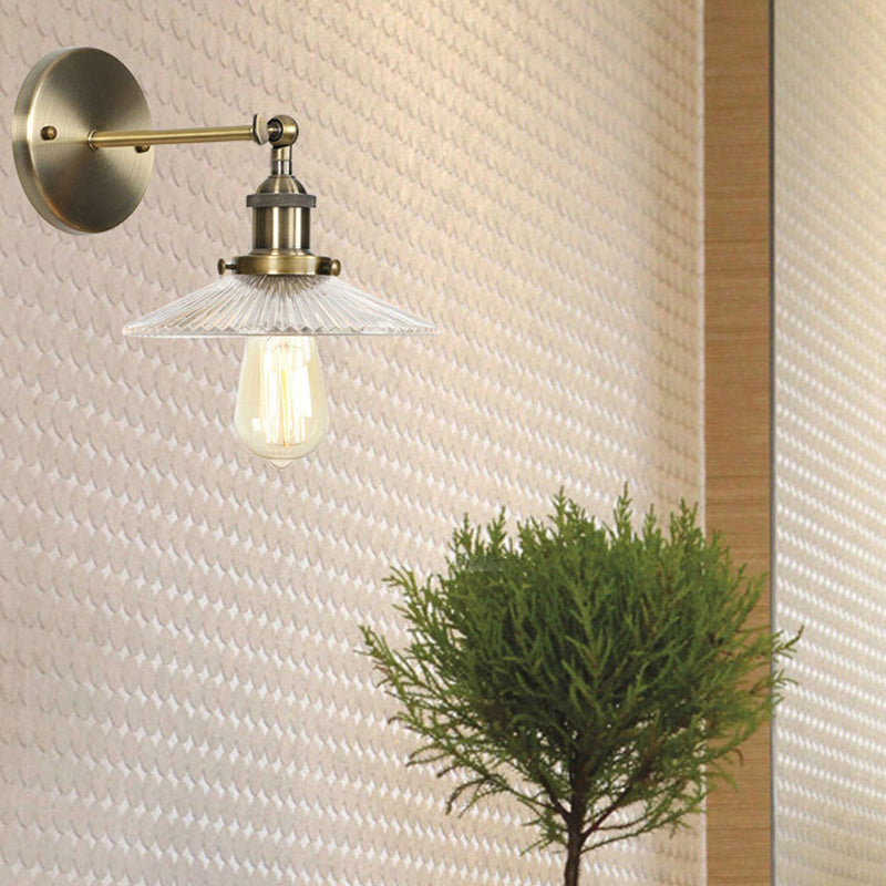 One Bulb Wall Light with Conical Shade Clear Prismatic Glass Industrial Dining Room Sconce Lighting Fixture Clear Clearhalo 'Art deco wall lights' 'Cast Iron' 'Glass' 'Industrial wall lights' 'Industrial' 'Middle century wall lights' 'Modern' 'Rustic wall lights' 'Tiffany' 'Traditional wall lights' 'Wall Lamps & Sconces' 'Wall Lights' Lighting' 146687