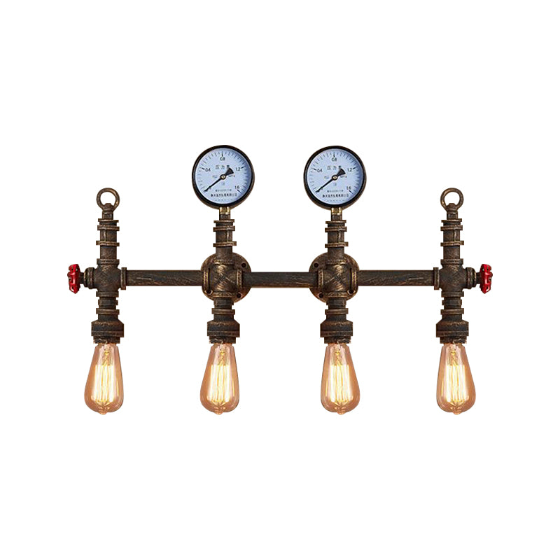 Bronze Finish Pipe Wall Lamp Industrial Style Metallic 4 Lights Living Room Wall Sconce Light with Gauge Clearhalo 'Art deco wall lights' 'Cast Iron' 'Glass' 'Industrial wall lights' 'Industrial' 'Middle century wall lights' 'Modern' 'Rustic wall lights' 'Tiffany' 'Traditional wall lights' 'Wall Lamps & Sconces' 'Wall Lights' Lighting' 146693
