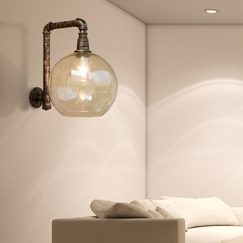 Globe Stairway Wall Lamp Industrial Clear Glass 1 Light Aged Brass Wall Mount Light with Angle Pipe, 8"/10" Width Antique Brass Clearhalo 'Cast Iron' 'Glass' 'Industrial wall lights' 'Industrial' 'Middle century wall lights' 'Modern' 'Tiffany' 'Traditional wall lights' 'Wall Lamps & Sconces' 'Wall Lights' Lighting' 146741